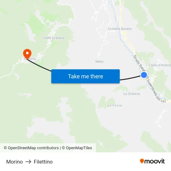 Morino to Filettino map