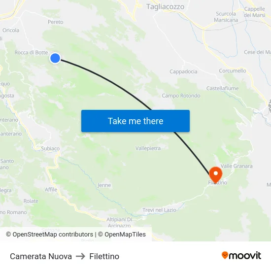 Camerata Nuova to Filettino map