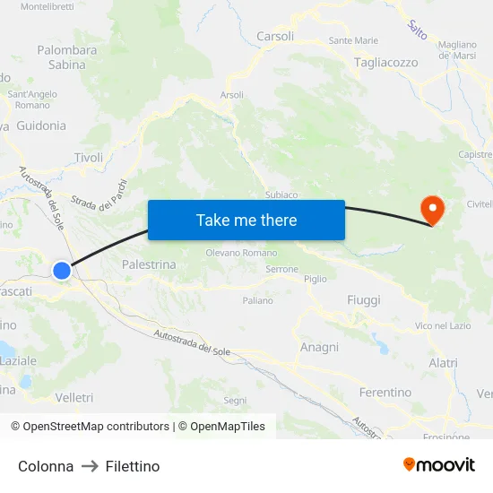 Colonna to Filettino map