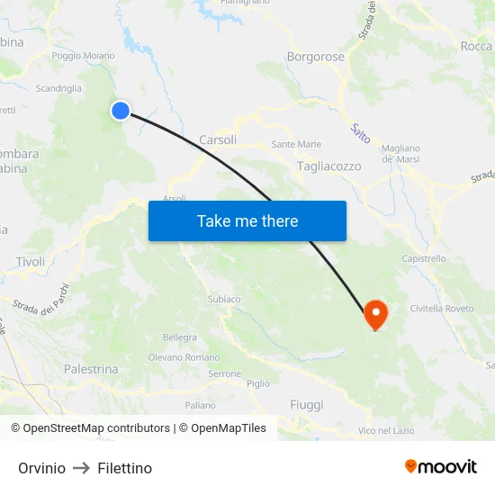 Orvinio to Filettino map