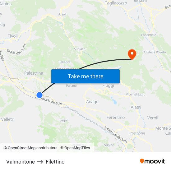 Valmontone to Filettino map