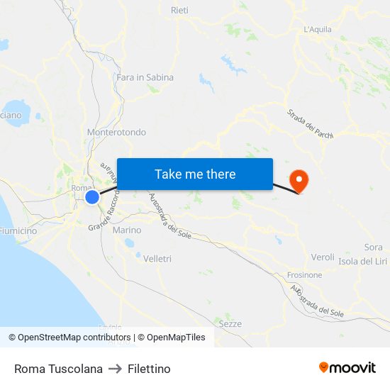 Roma Tuscolana to Filettino map