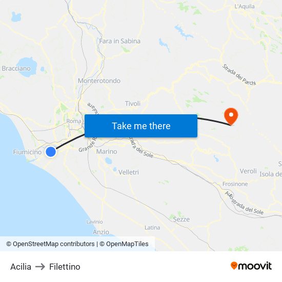 Acilia to Filettino map