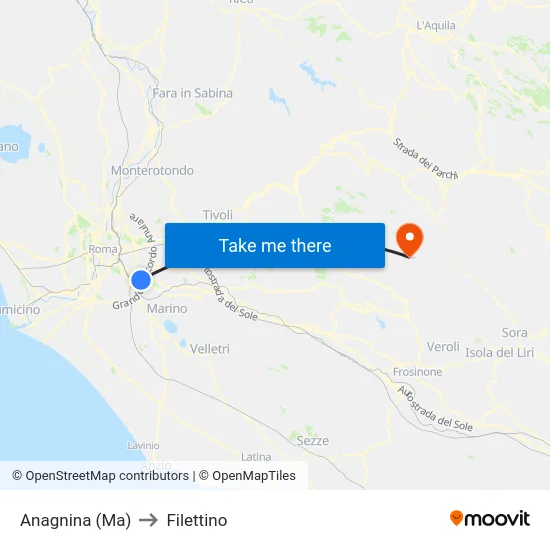 Anagnina (Ma) to Filettino map