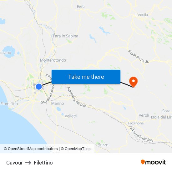 Cavour to Filettino map