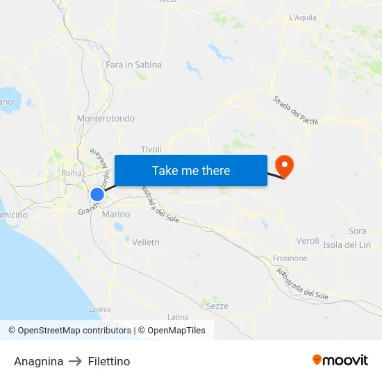 Anagnina to Filettino map