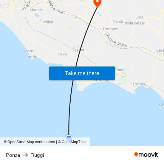 Ponza to Fiuggi map