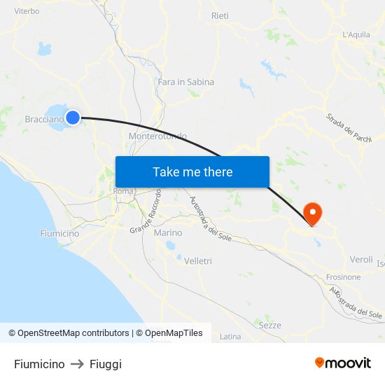 Fiumicino to Fiuggi map