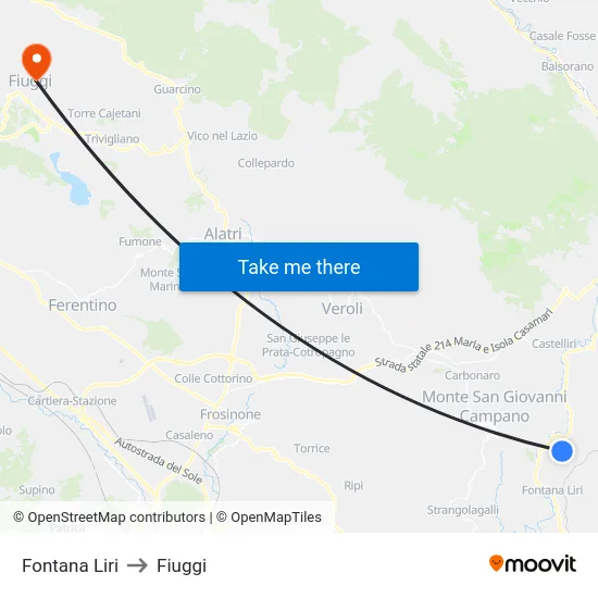 Fontana Liri to Fiuggi map