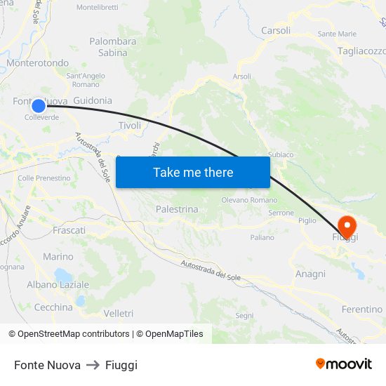 Fonte Nuova to Fiuggi map