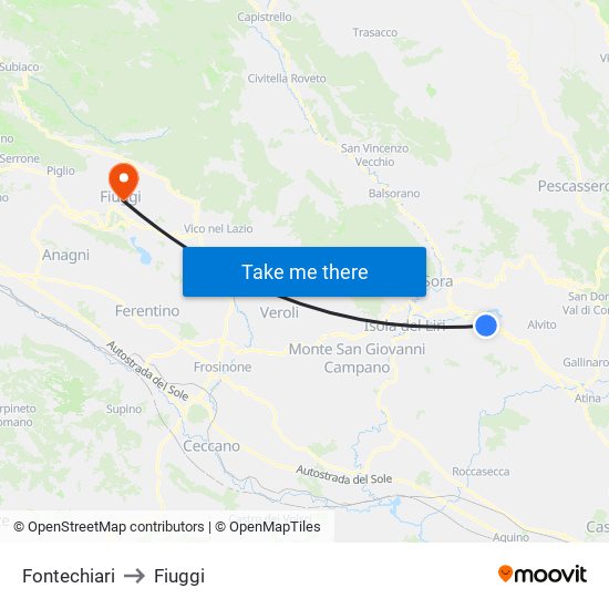 Fontechiari to Fiuggi map