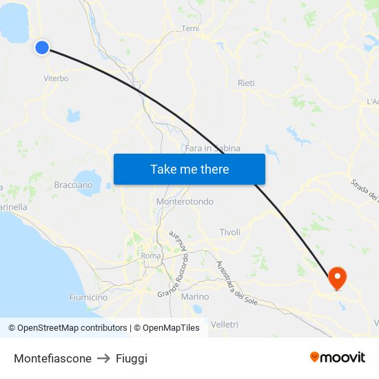 Montefiascone to Fiuggi map