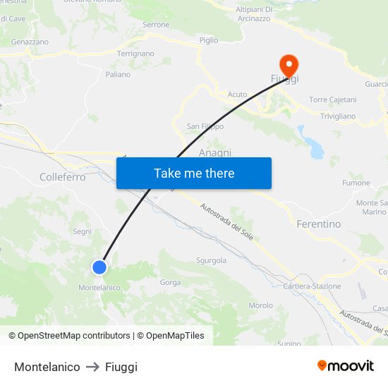 Montelanico to Fiuggi map