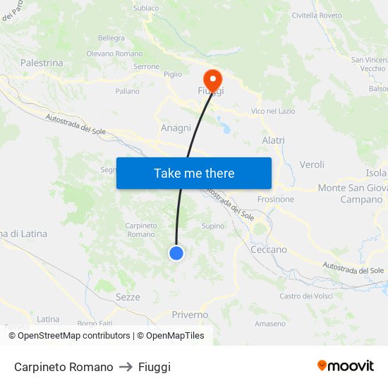 Carpineto Romano to Fiuggi map