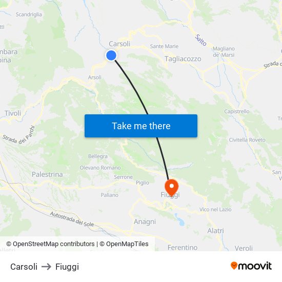 Carsoli to Fiuggi map