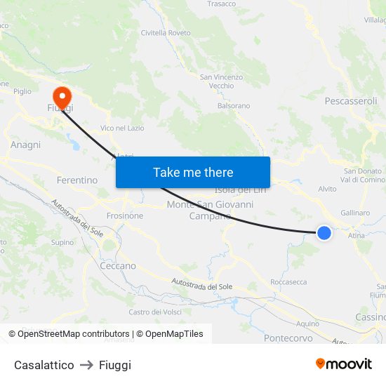 Casalattico to Fiuggi map
