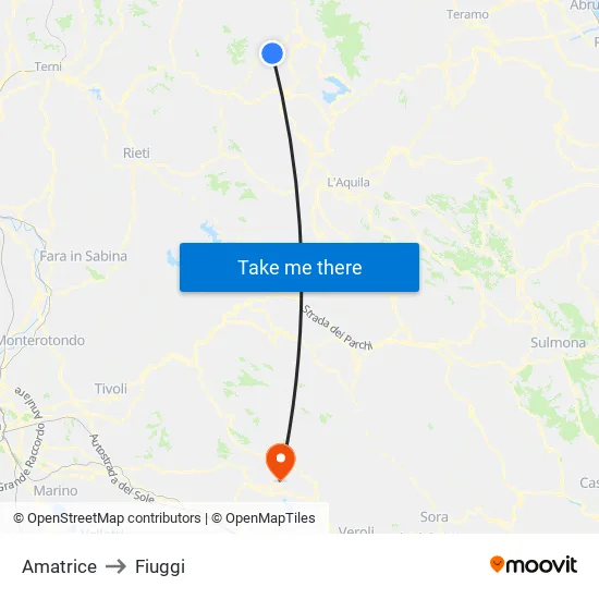 Amatrice to Fiuggi map