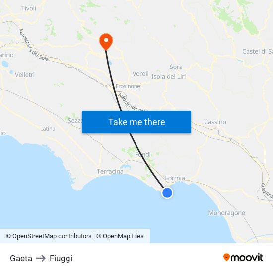 Gaeta to Fiuggi map