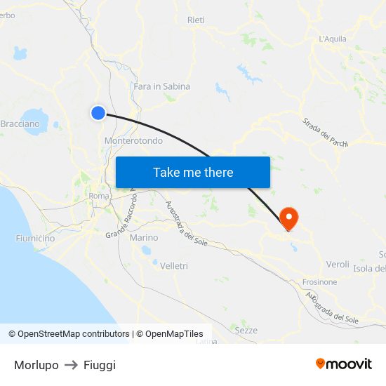 Morlupo to Fiuggi map