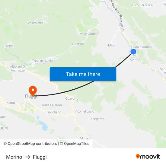 Morino to Fiuggi map
