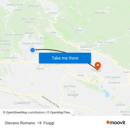 Olevano Romano to Fiuggi map