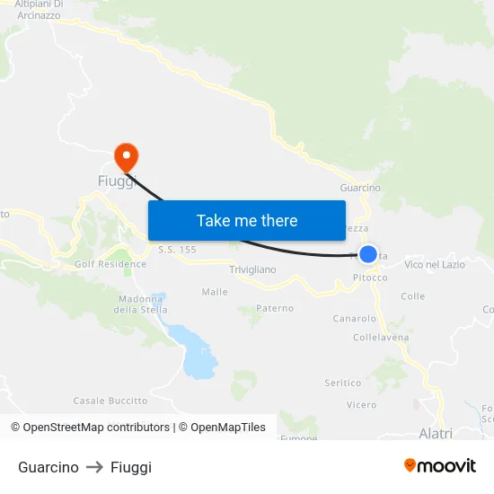 Guarcino to Fiuggi map