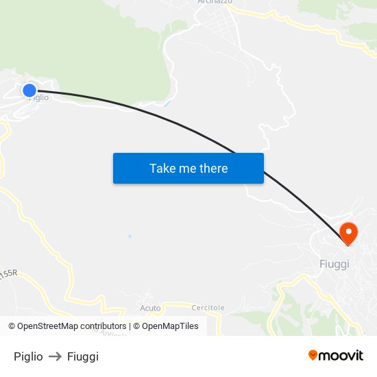 Piglio to Fiuggi map