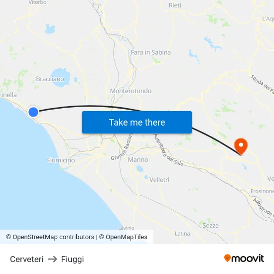 Cerveteri to Fiuggi map