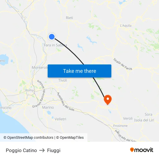 Poggio Catino to Fiuggi map