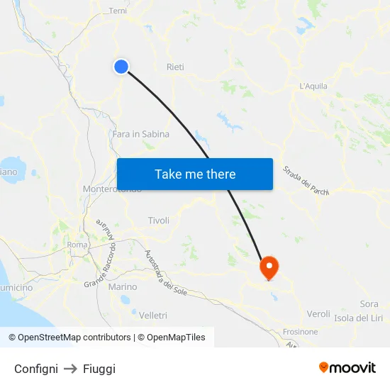 Configni to Fiuggi map