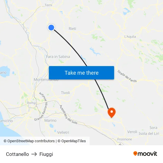 Cottanello to Fiuggi map