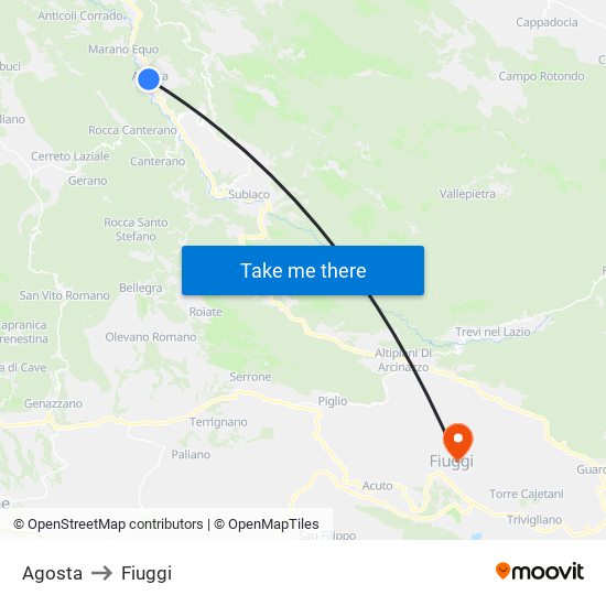 Agosta to Fiuggi map