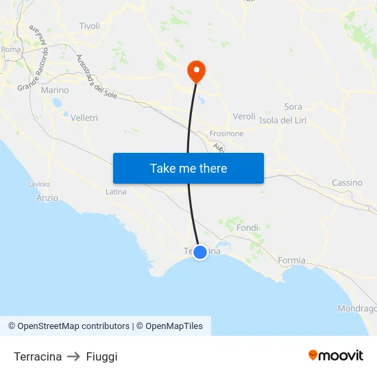Terracina to Fiuggi map