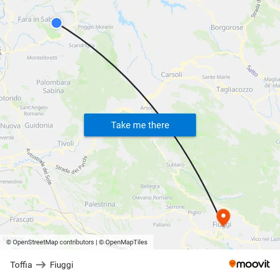Toffia to Fiuggi map