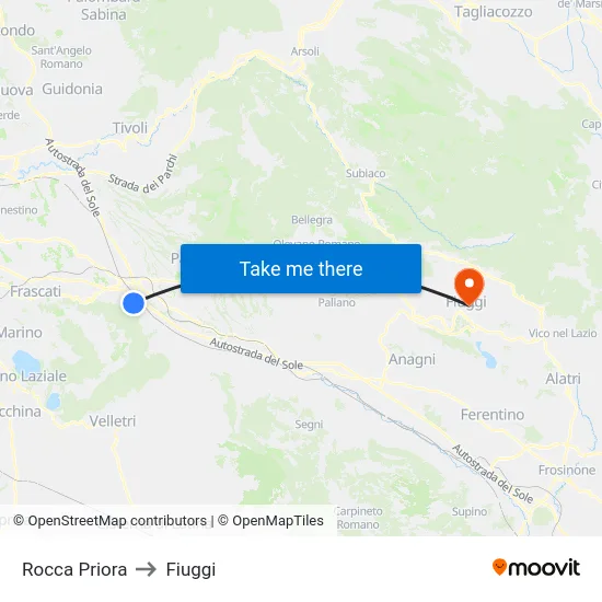 Rocca Priora to Fiuggi map