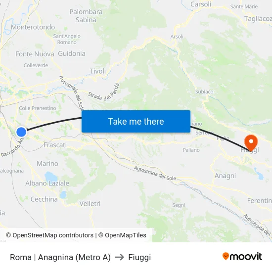 Roma | Anagnina (Metro A) to Fiuggi map
