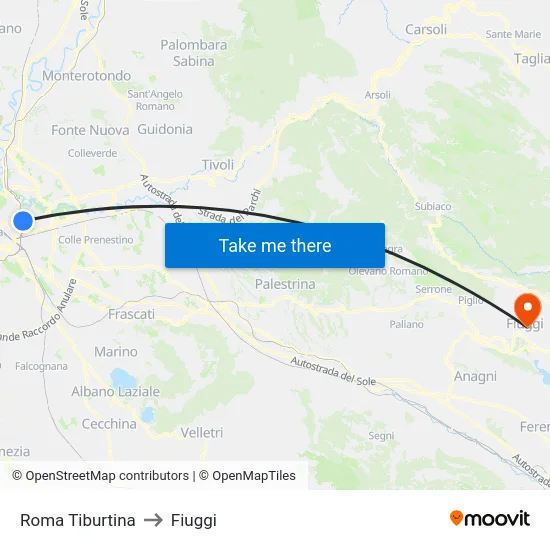 Roma Tiburtina to Fiuggi map