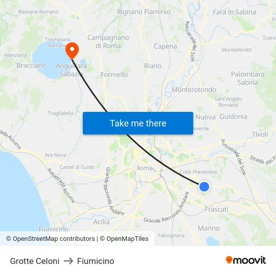 Grotte Celoni to Fiumicino map