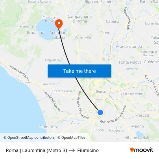 Rome | Laurentina (Metro B) to Fiumicino map
