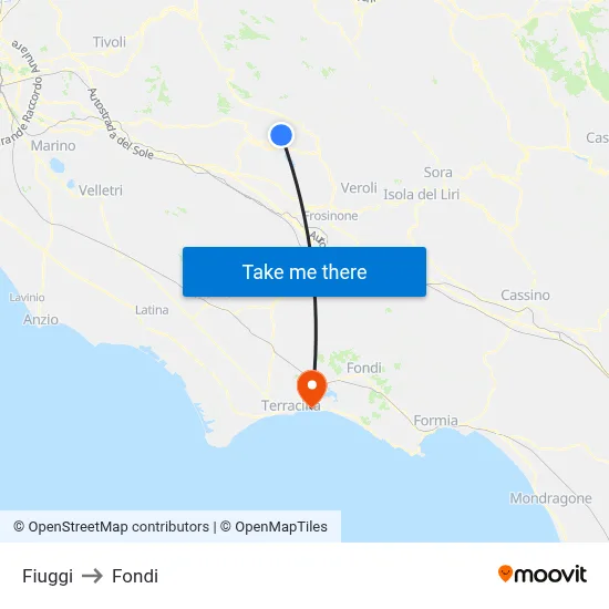 Fiuggi to Fondi map
