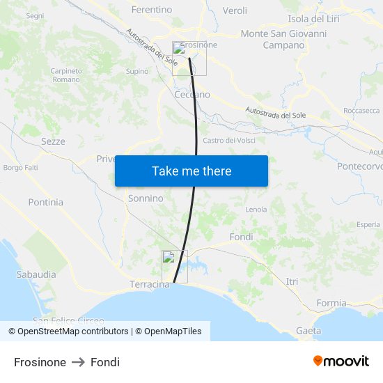 Frosinone to Fondi map