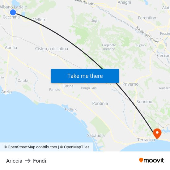 Ariccia to Fondi map