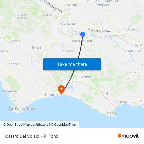 Castro Dei Volsci to Fondi map