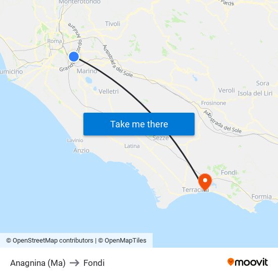 Anagnina (Ma) to Fondi map