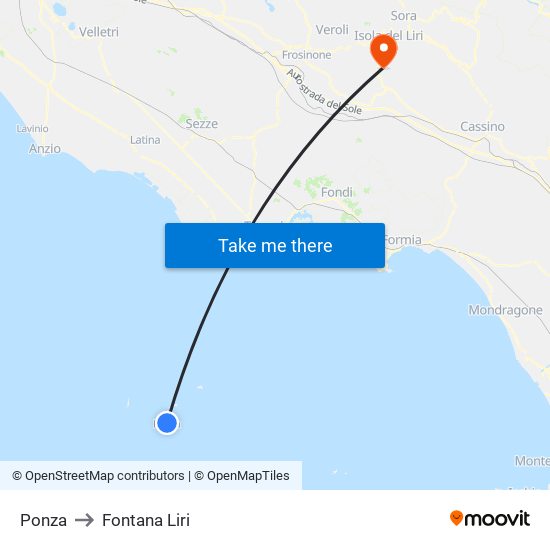 Ponza to Fontana Liri map