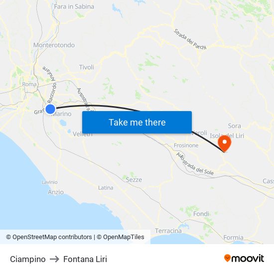 Ciampino to Fontana Liri map