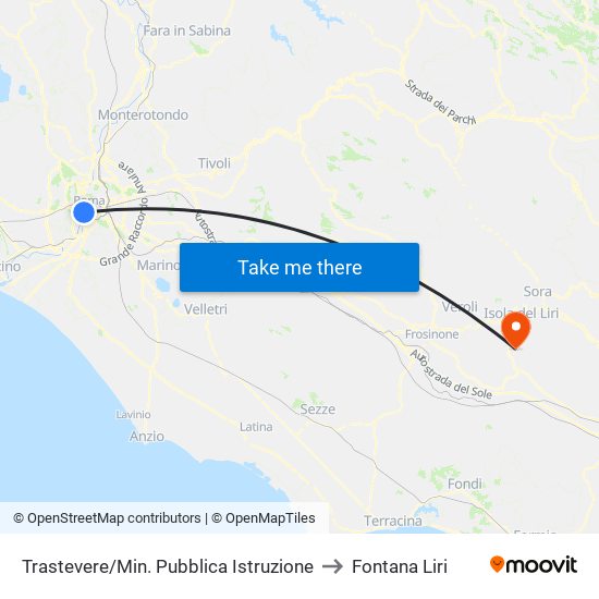 Trastevere/Min. Pubblica Istruzione to Fontana Liri map
