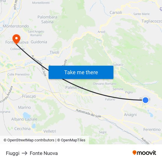Fiuggi to Fonte Nuova map