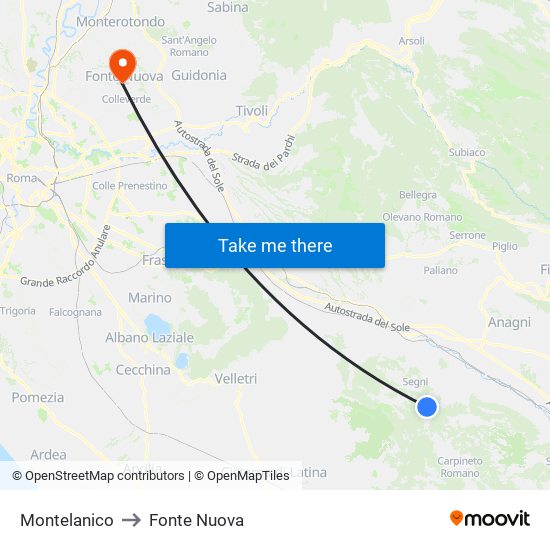 Montelanico to Fonte Nuova map