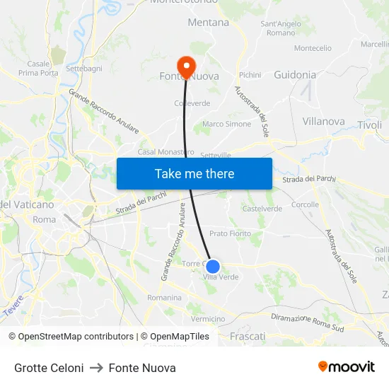 Grotte Celoni to Fonte Nuova map